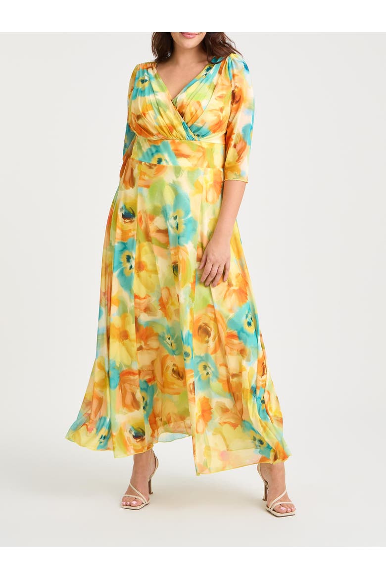 Verity V-Neck 3/4 Sleeve Maxi Dress, Alternate, color, Lemon Multi