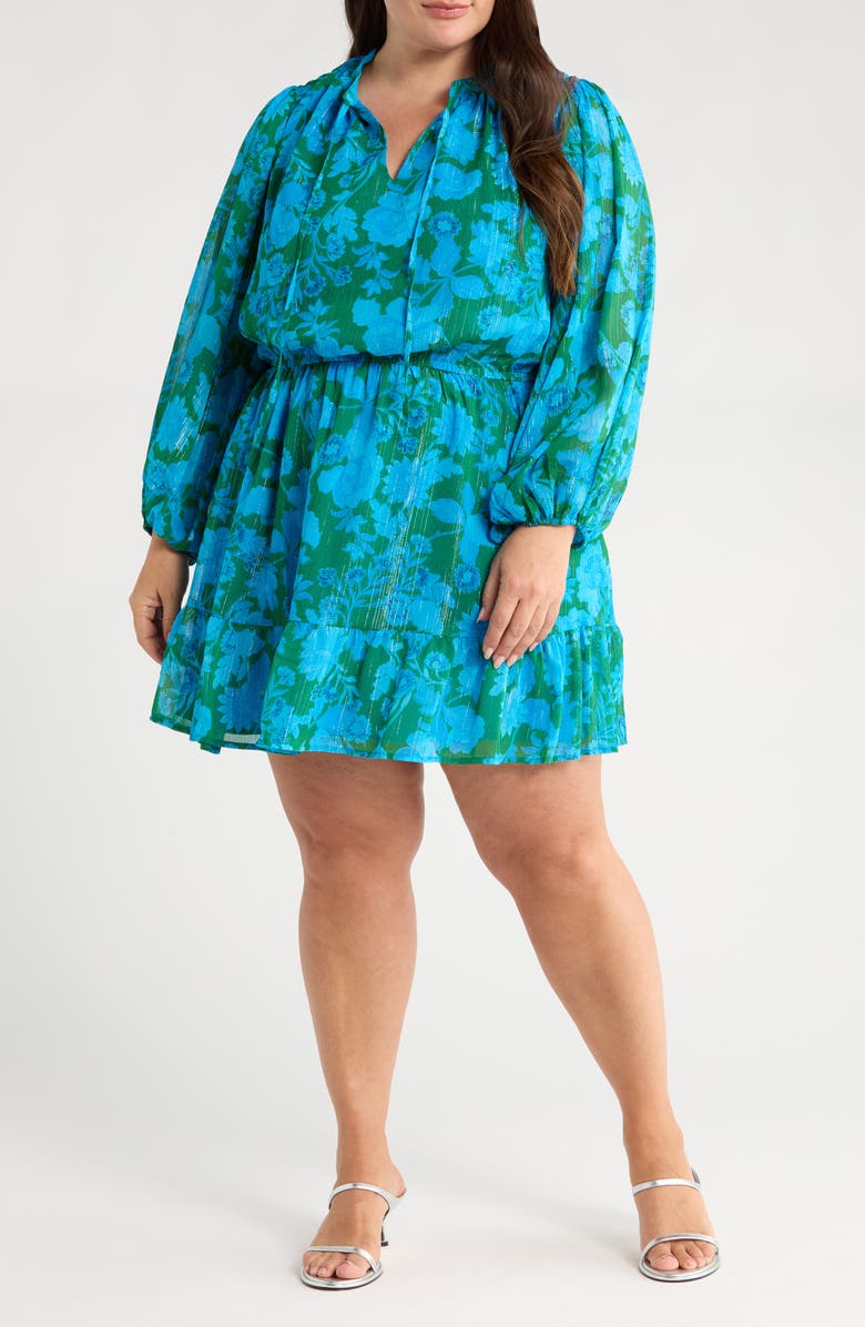 SUGARLIPS Amren Floral Long Sleeve Metallic Georgette Minidress, Main, color, Cerulean Blue/ Green