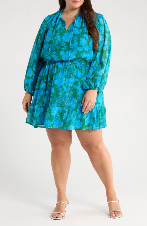 Amren Floral Long Sleeve Metallic Georgette Minidress (Plus)