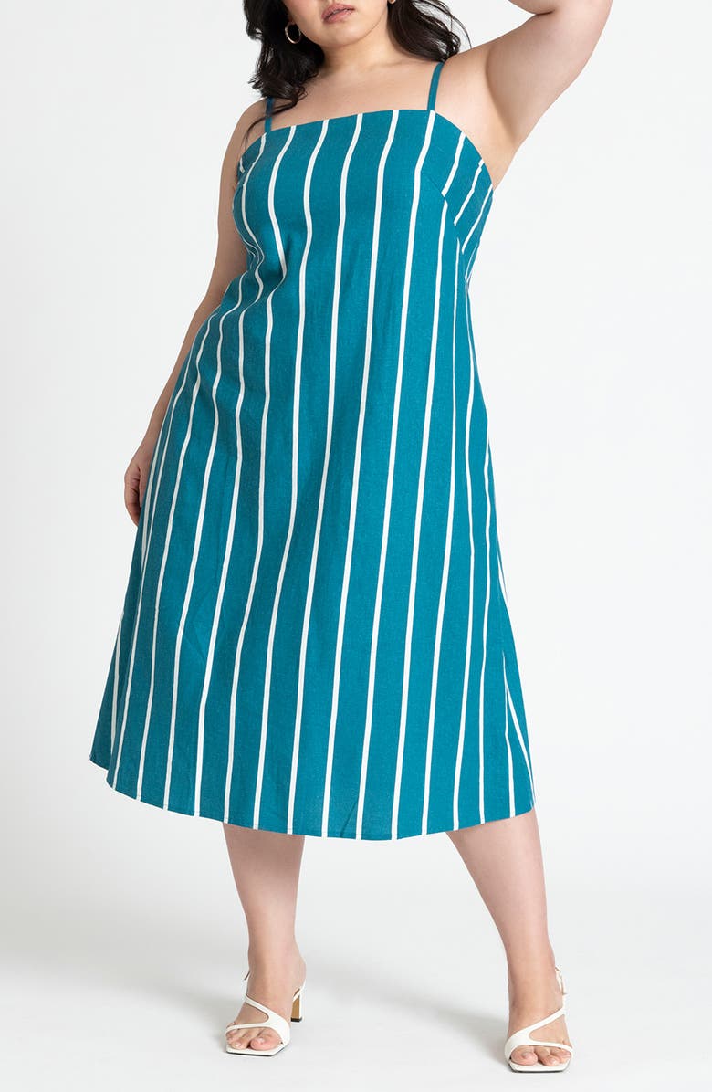 ELOQUII Stripe Cutout Linen Blend Sundress, Main, color, 