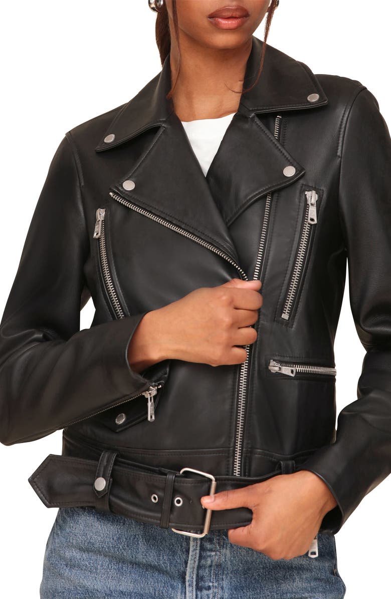 Avec Les Filles Belted Leather Biker Jacket, Alternate, color, Black