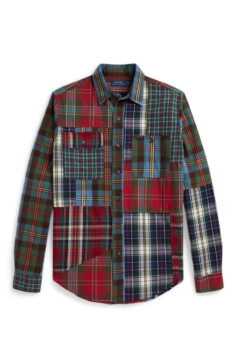 Classic Fit Plaid Patchwork Cotton Button-Up Shirt, Main, color, MULTI