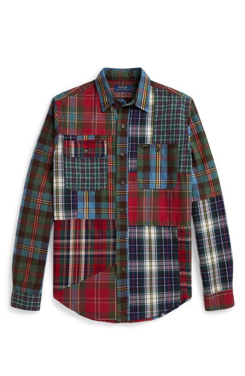 Classic Fit Plaid Patchwork Cotton Button-Up Shirt