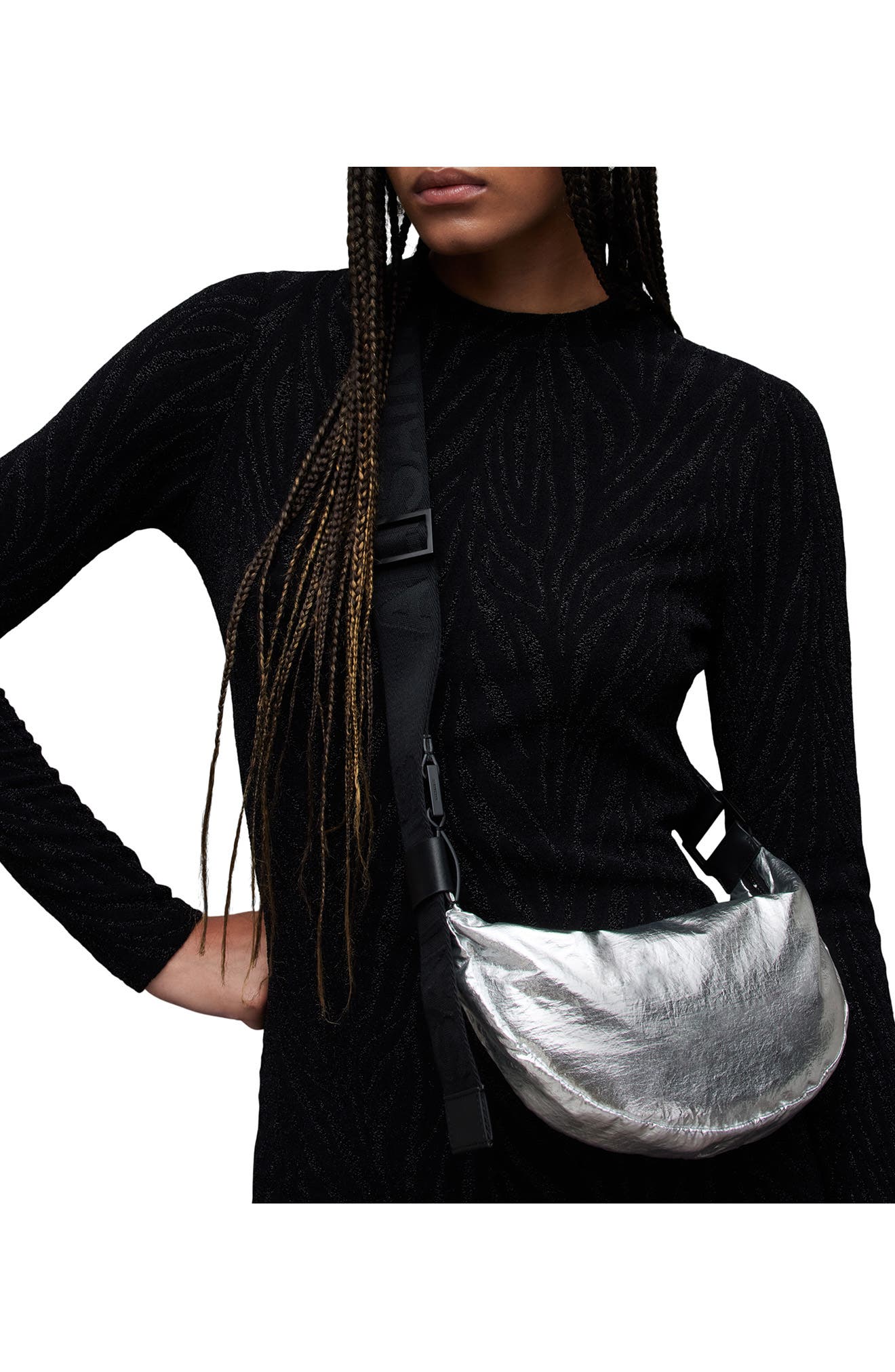 AllSaints Half Moon Metallic Nylon Crossbody Bag, Alternate, color, 