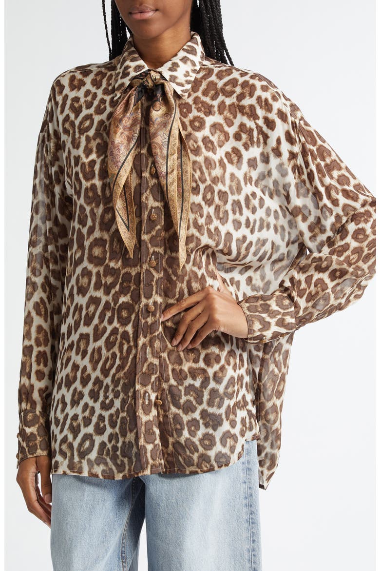 Illustration Leopard Print Scarf Detail Button-Up Shirt, Alternate, color, CHOCOLATE LEOPARD