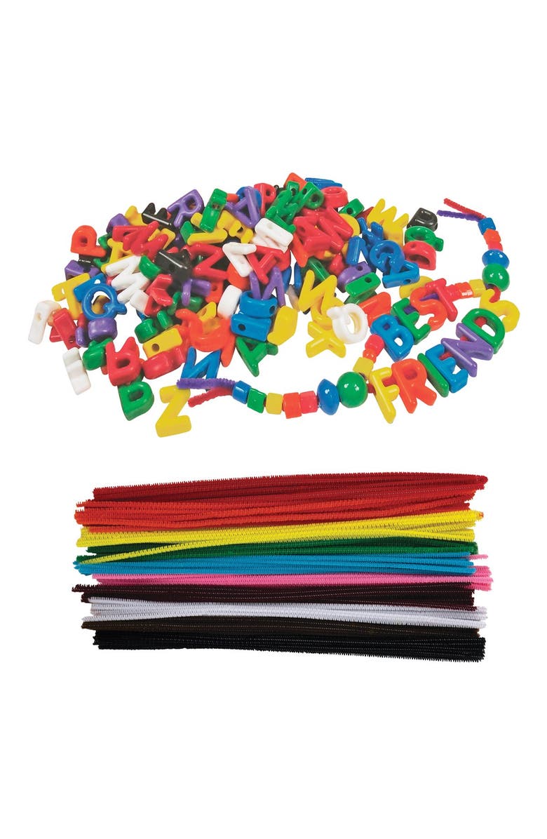 Kaplan Early Learning Company Lacing Manuscript Letter Beads & Chenille Stems, Main, color, Multicolored