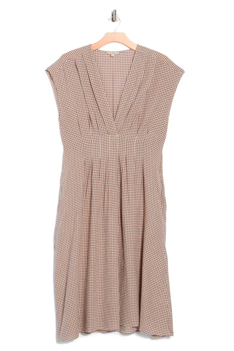Gingham Cap Sleeve Cotton Blend Midi Dress, Alternate, color, TAUPE/ CREAM