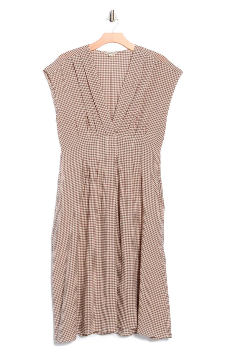 MAX STUDIO Gingham Cap Sleeve Cotton Blend Midi Dress, Main, color, Taupe/ Cream