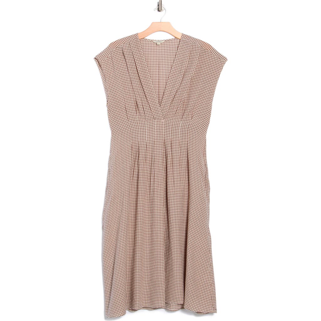 Max Studio Gingham Cap Sleeve Cotton Blend Midi Dress In Neutral