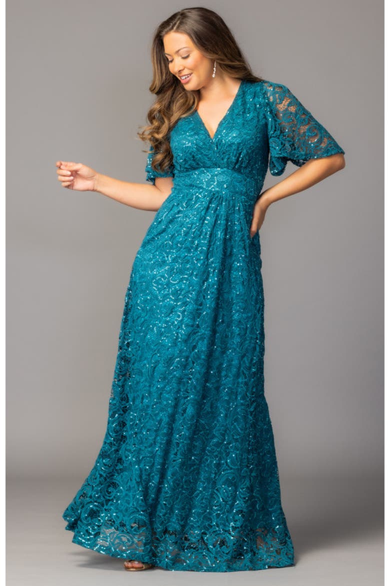 Luminous Sequin Lace Evening Gown, Alternate, color, Teal Topaz