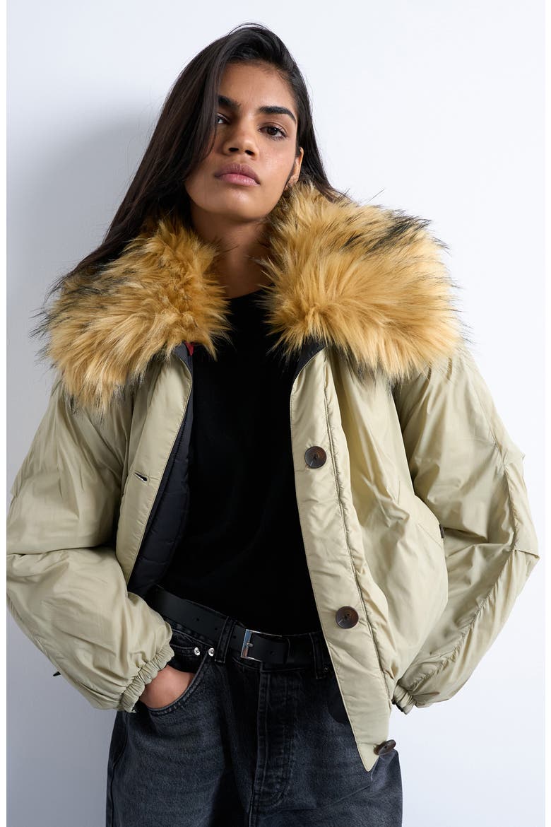 Reversible Bomber Jacket with Faux Fur Collar, Main, color, MEDIUM GREEN