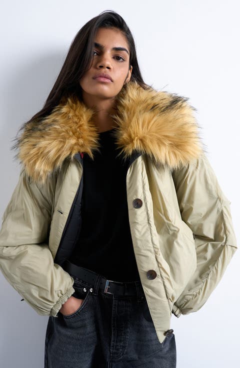 Reversible Bomber Jacket with Faux Fur Collar