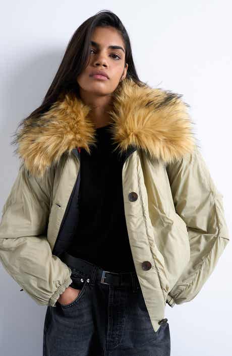Topshop Reversible Bomber Jacket with Faux Fur Collar