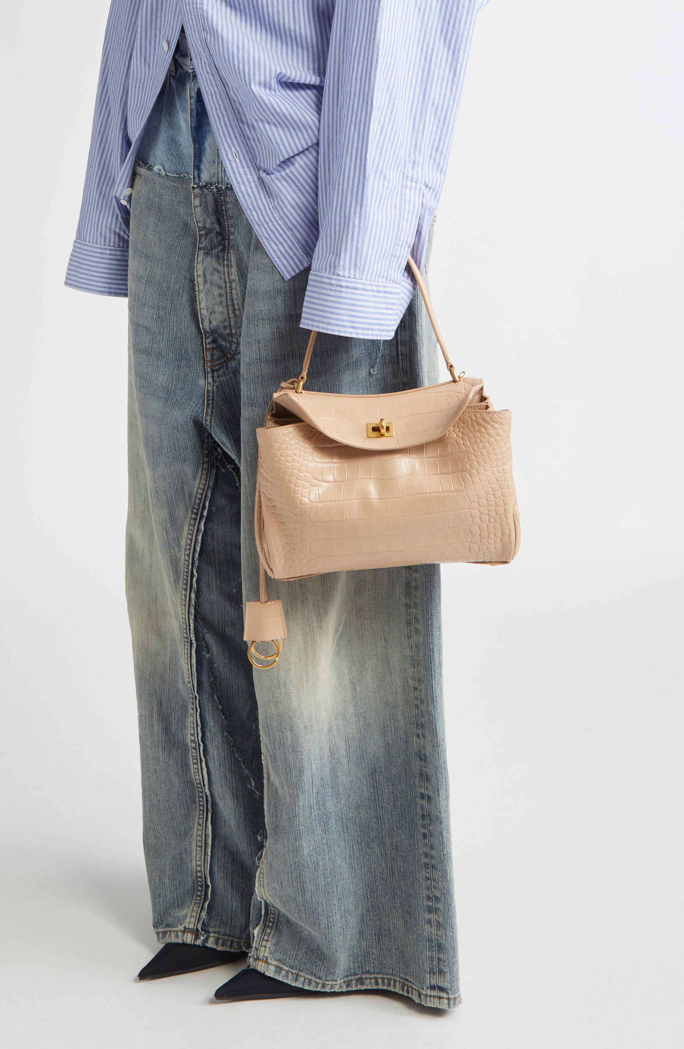 Small Rodeo Croc Embossed Leather Top Handle Bag, Alternate, color, BEIGE