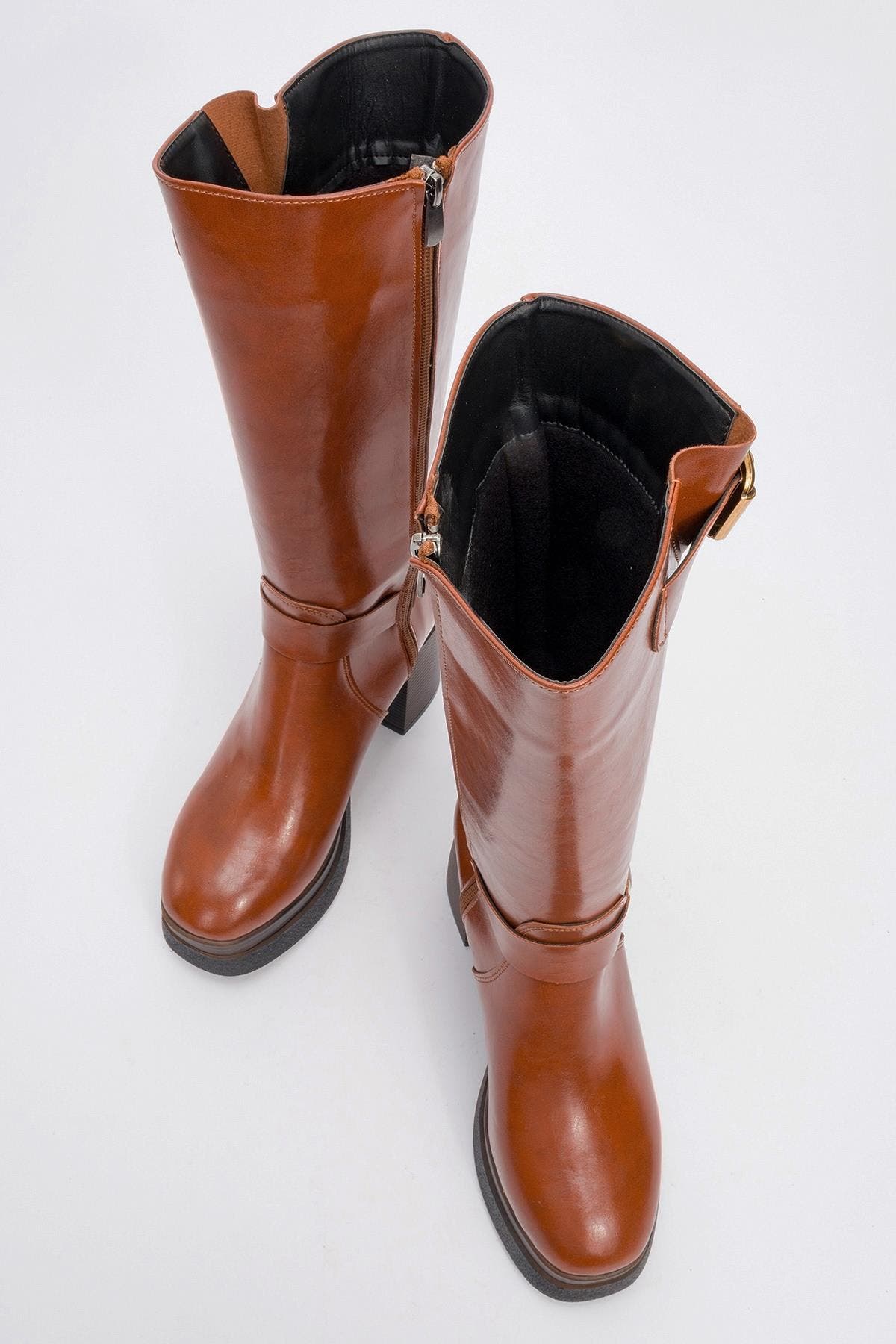 Rock Buckle Zip Block Heel Boot, Alternate, color, Cognac Faux Leather