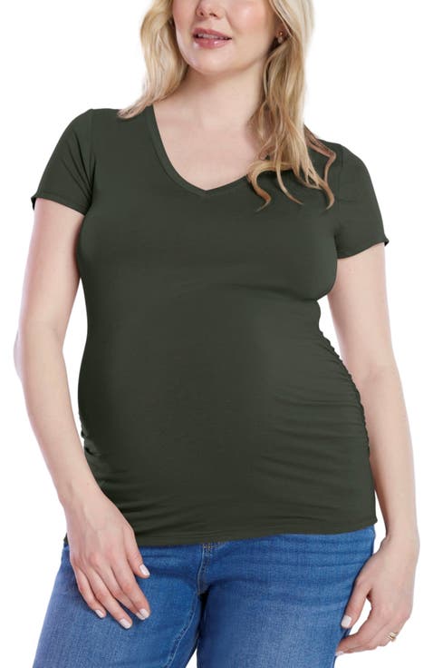 V-Neck Side-Ruched Maternity Short Sleeve Tee