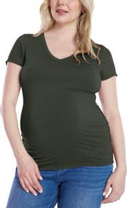 MOTHERHOOD MATERNITY V-Neck Side-Ruched Maternity Short Sleeve Tee
