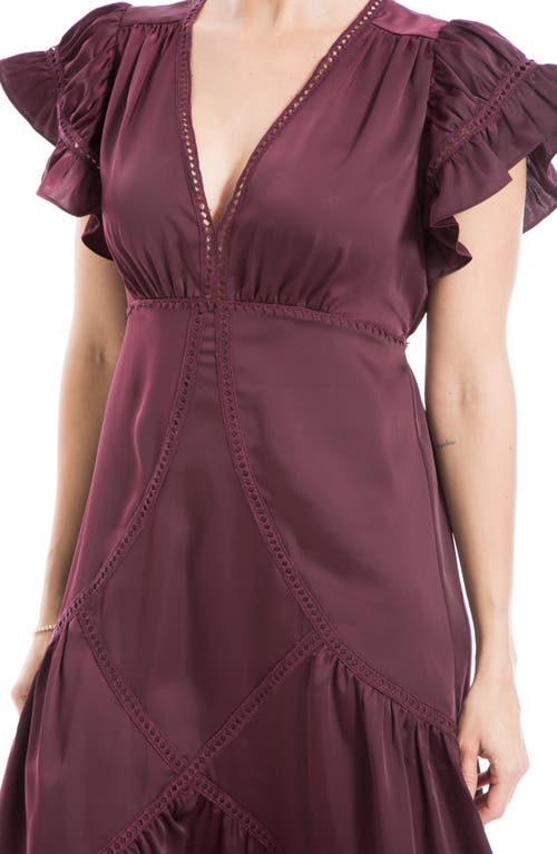 Max Studio Flutter Sleeve Satin Midi Dress In Wine
