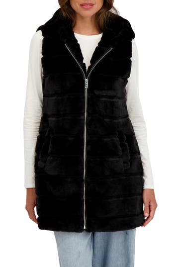 Sebby Faux Fur Hooded Vest In Black