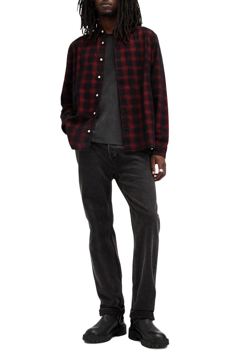 AllSaints Manray Plaid Cotton Corduroy Button-Up Shirt, Alternate, color, Machine Blue/Red