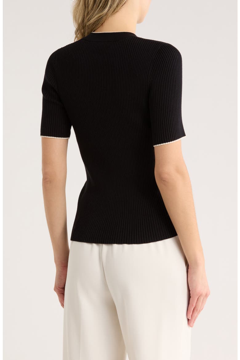 Mozza Short Sleeve Cotton Rib Sweater, Alternate, color, BLACK-CLASSIC CREAM