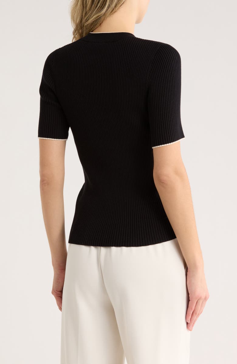 French Connection Mozza Short Sleeve Cotton Rib Sweater, Alternate, color, Black-Classic Cream