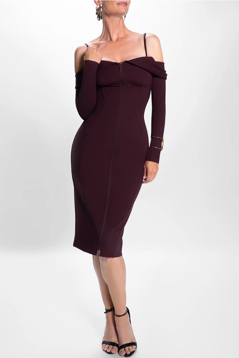 Mega Sculpting Off-the-Shoulder Long Sleeve Midi Dress, Alternate, color, Garnet