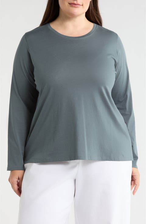 Long Sleeve Cotton Crewneck Top (Plus)