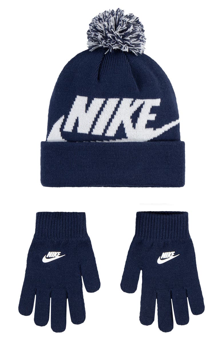 Nike Swoosh Pom Beanie & Gloves Set, Main, color, Midnight Navy/ White