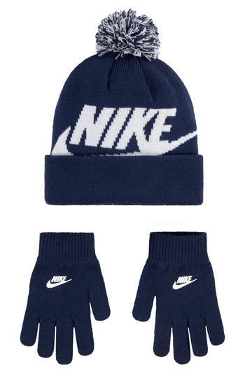 Nike Swoosh Pom Beanie & Gloves Set In Blue