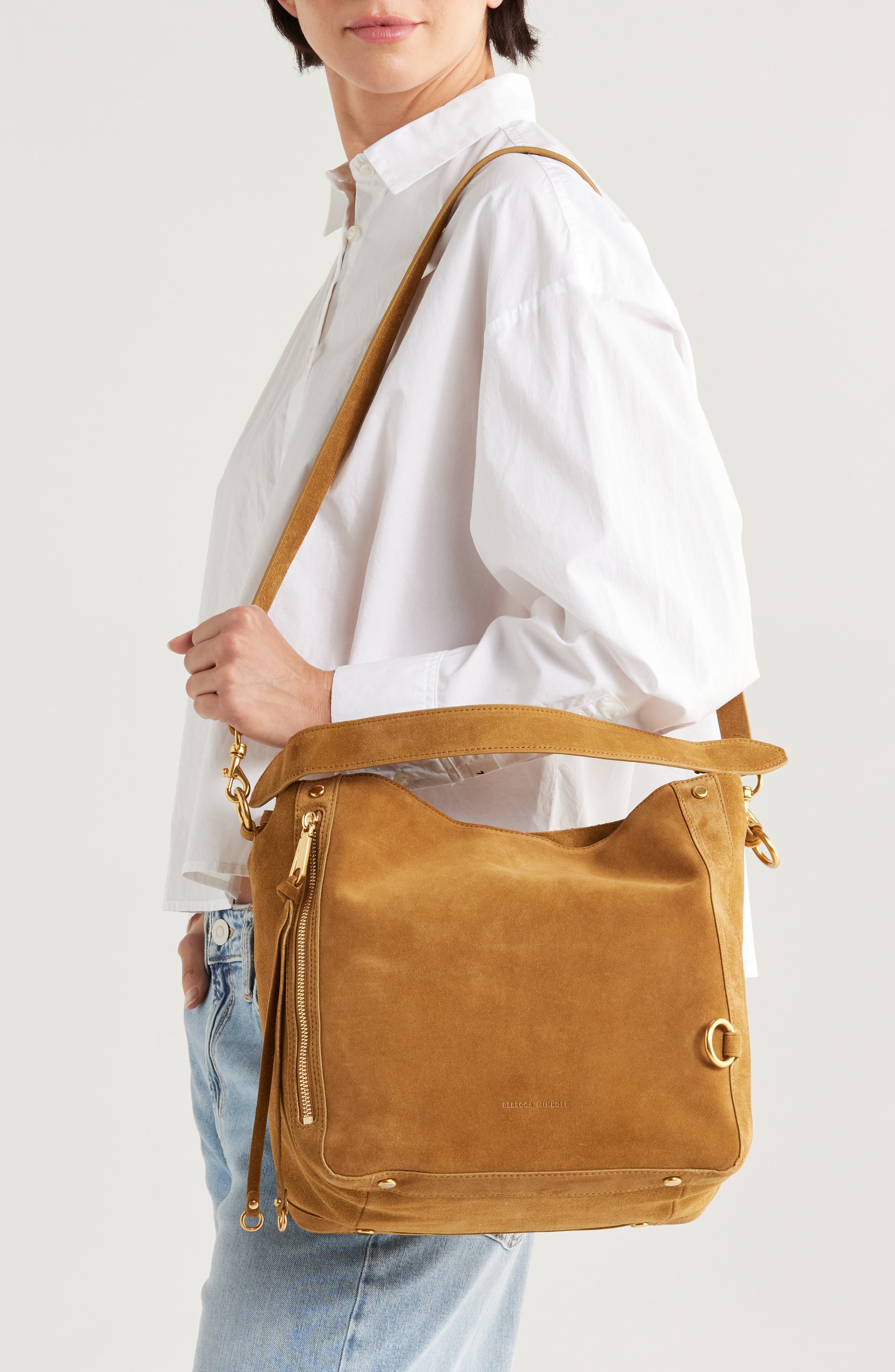 Rebecca Minkoff Mab Suede Hobo Bag, Alternate, color, Honey