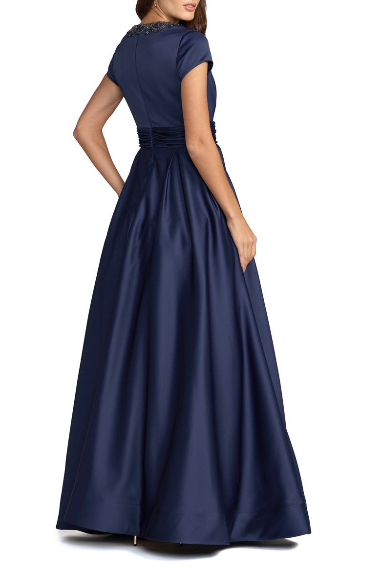 Women's Embellished Satin Cap Sleeve Gown With Pockets, Alternate, color, Midnight