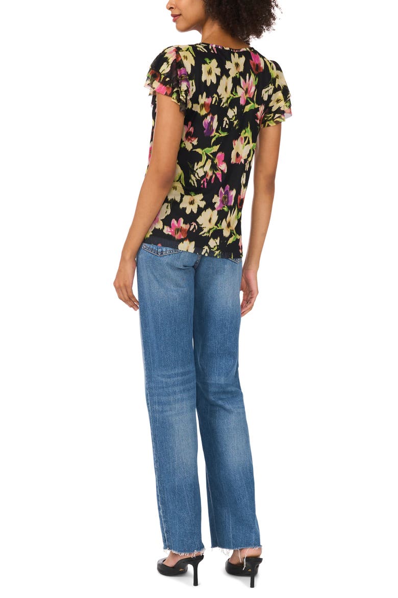Floral Print Ruffle Sleeve Mesh Top, Alternate, color, RICH BLACK