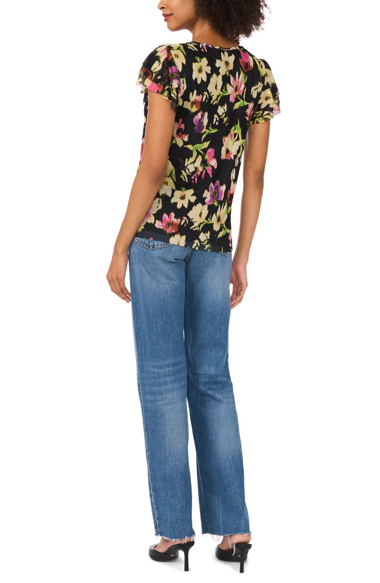 Vince Camuto Floral Print Ruffle Sleeve Mesh Top, Alternate, color, Rich Black