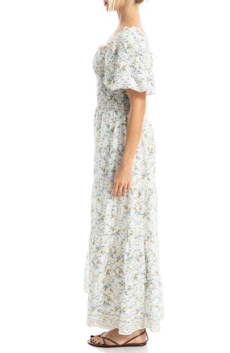 MAX STUDIO Print Smocked Puff Sleeve Maxi Dress, Alternate, color, Cream/ Blue Bloom Interlace