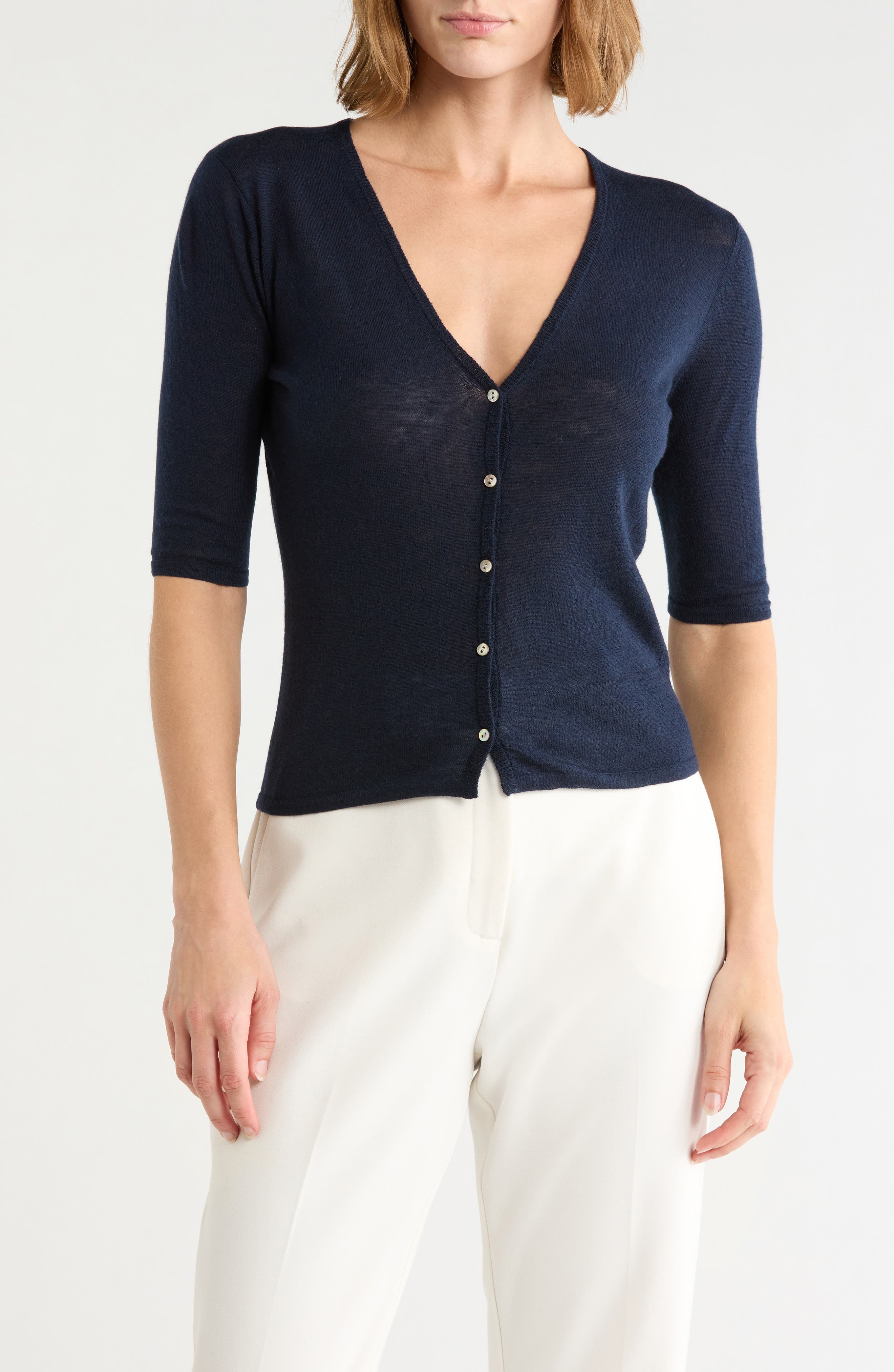 V-Neck Elbow Sleeve Cardigan