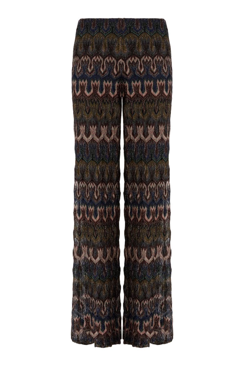 Trousers In Viscose Lamé Arabesque Motif, Alternate, color, Brown