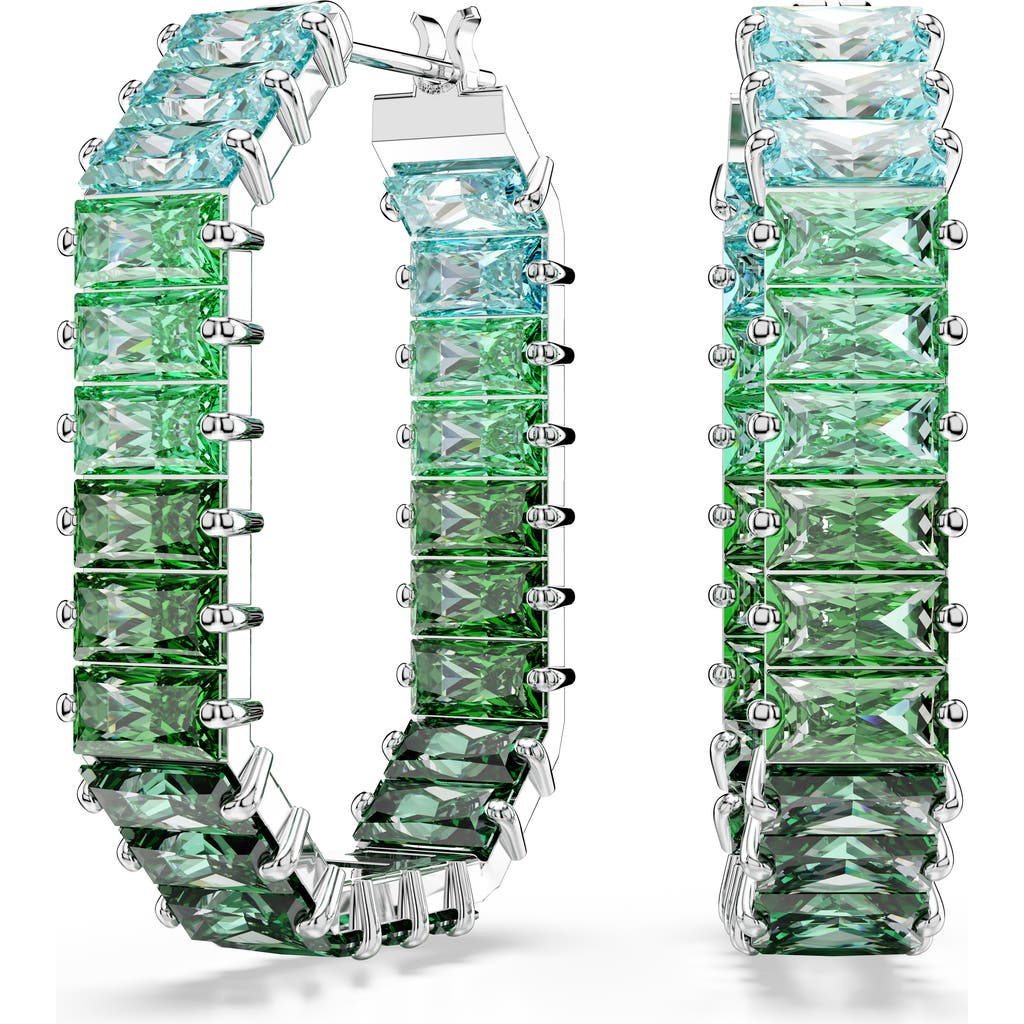 Swarovski Matrix Rhodium Plated Baguette Cut Hoop Earrings In Green