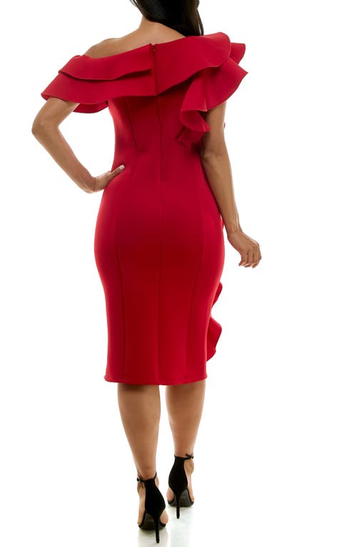 Nina Leonard Ruffle One-shoulder Scuba Sheath Dress In Nina Red