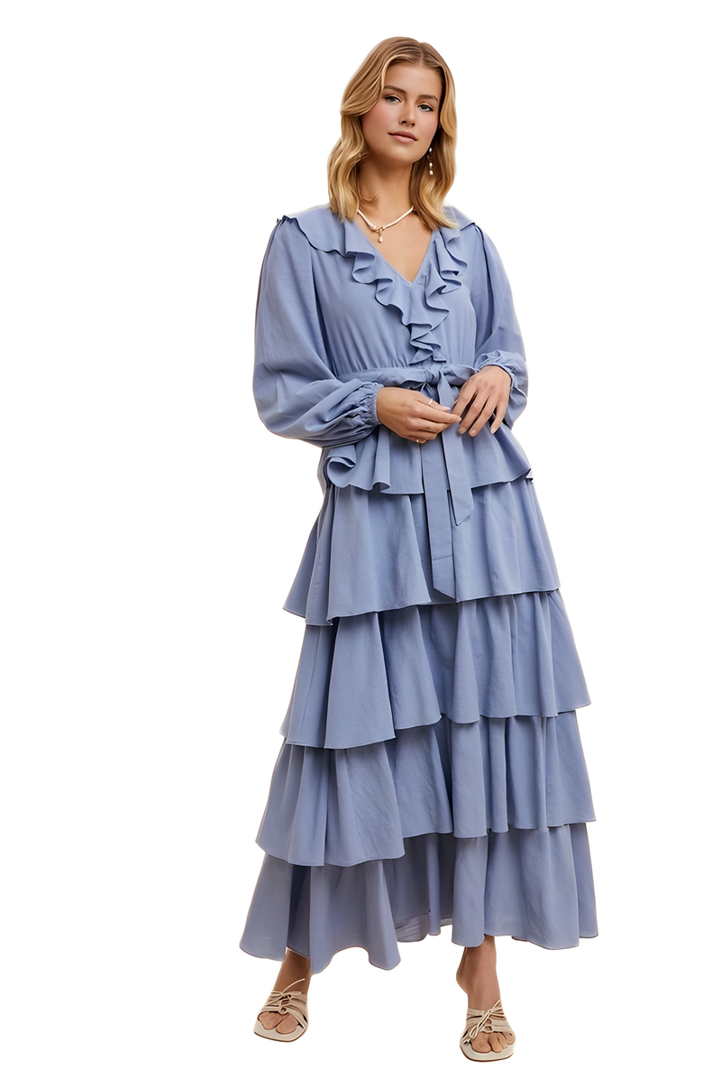 Knit and Lounge Tiered Ruffle Wrap Maxi Dress with Long Sleeves and Tie Waist, Alternate, color, Light Blue
