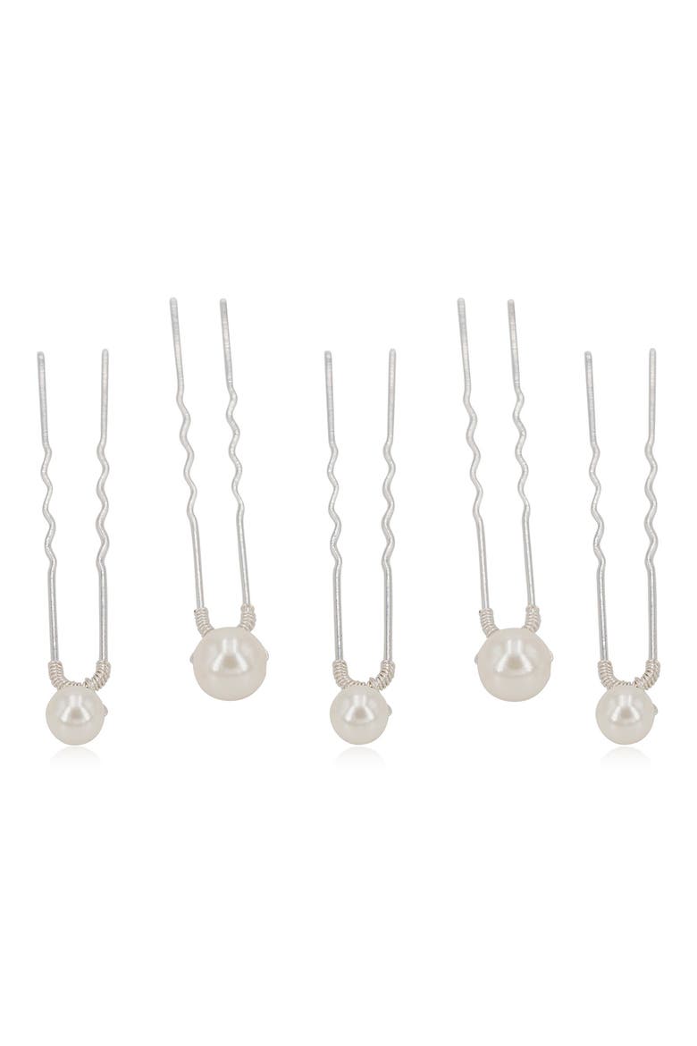 Iva Set of 5 Imitation Pearl Bobby Pins, Main, color, SILVER