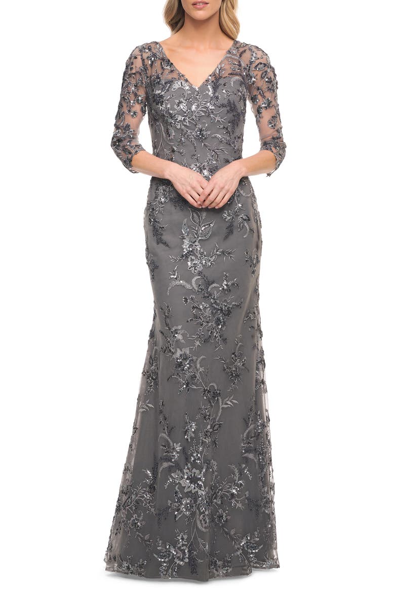 Beaded Lace Mermaid Gown, Alternate, color, GUNMETAL