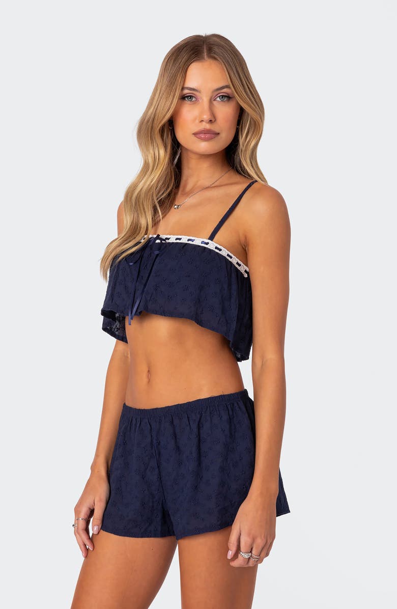 EDIKTED Edan Eyelet Shorts, Alternate, color, Navy