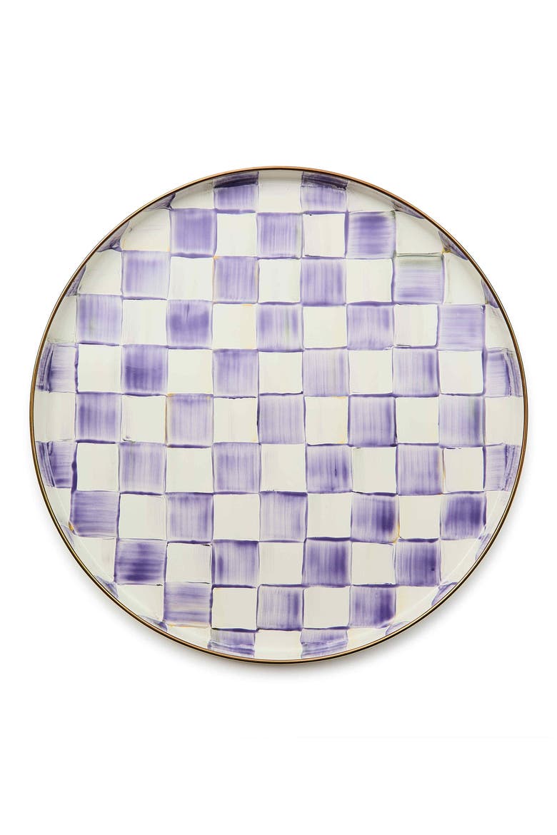 Violet Check Enameled Steel Round Tray, Main, color, VIOLET
