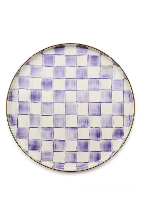 Violet Check Enameled Steel Round Tray