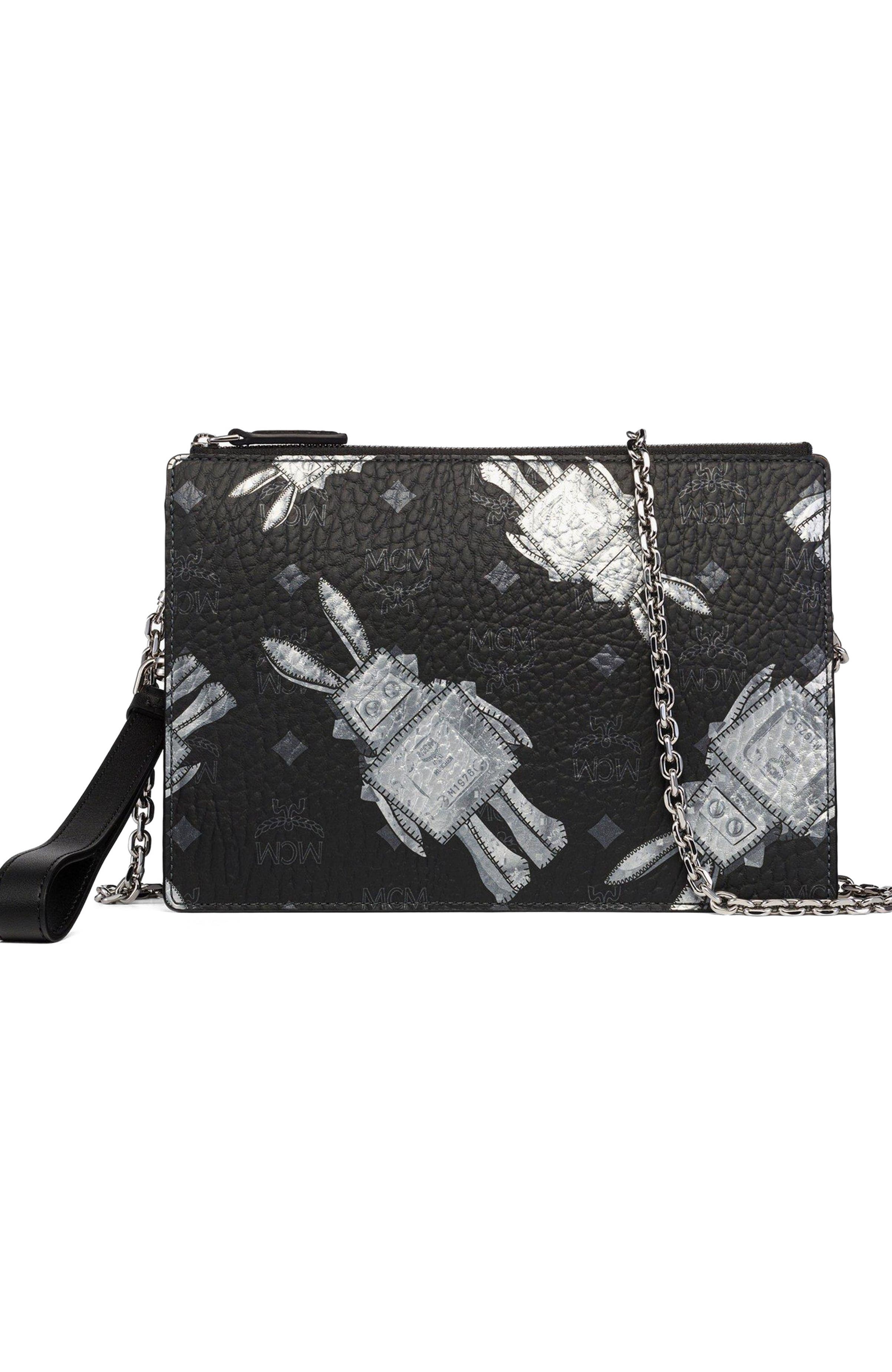 MCM Wristlet Standing Pouch w/ Chain Strap in Rabot Visetos, Alternate, color, Black