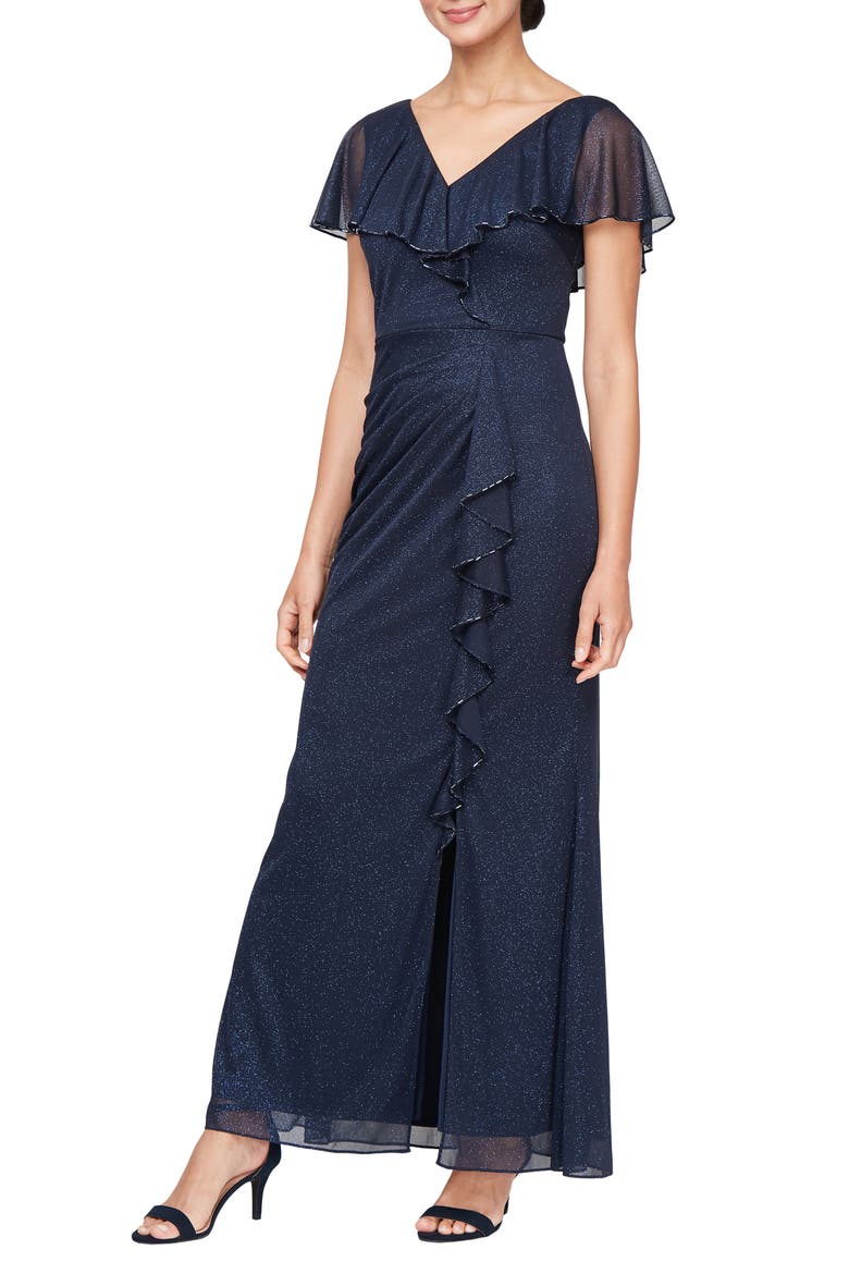 Beaded Shimmer Capelet Gown, Main, color, NAVY
