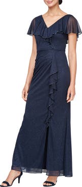 SL FASHIONS Beaded Shimmer Capelet Gown