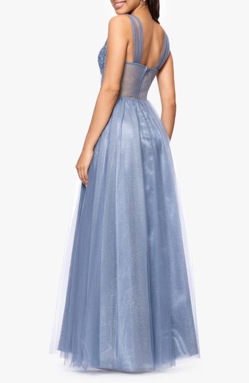 Blondie Nites Lace Embellished Corset Glitter Tulle A-line Gown In Slate