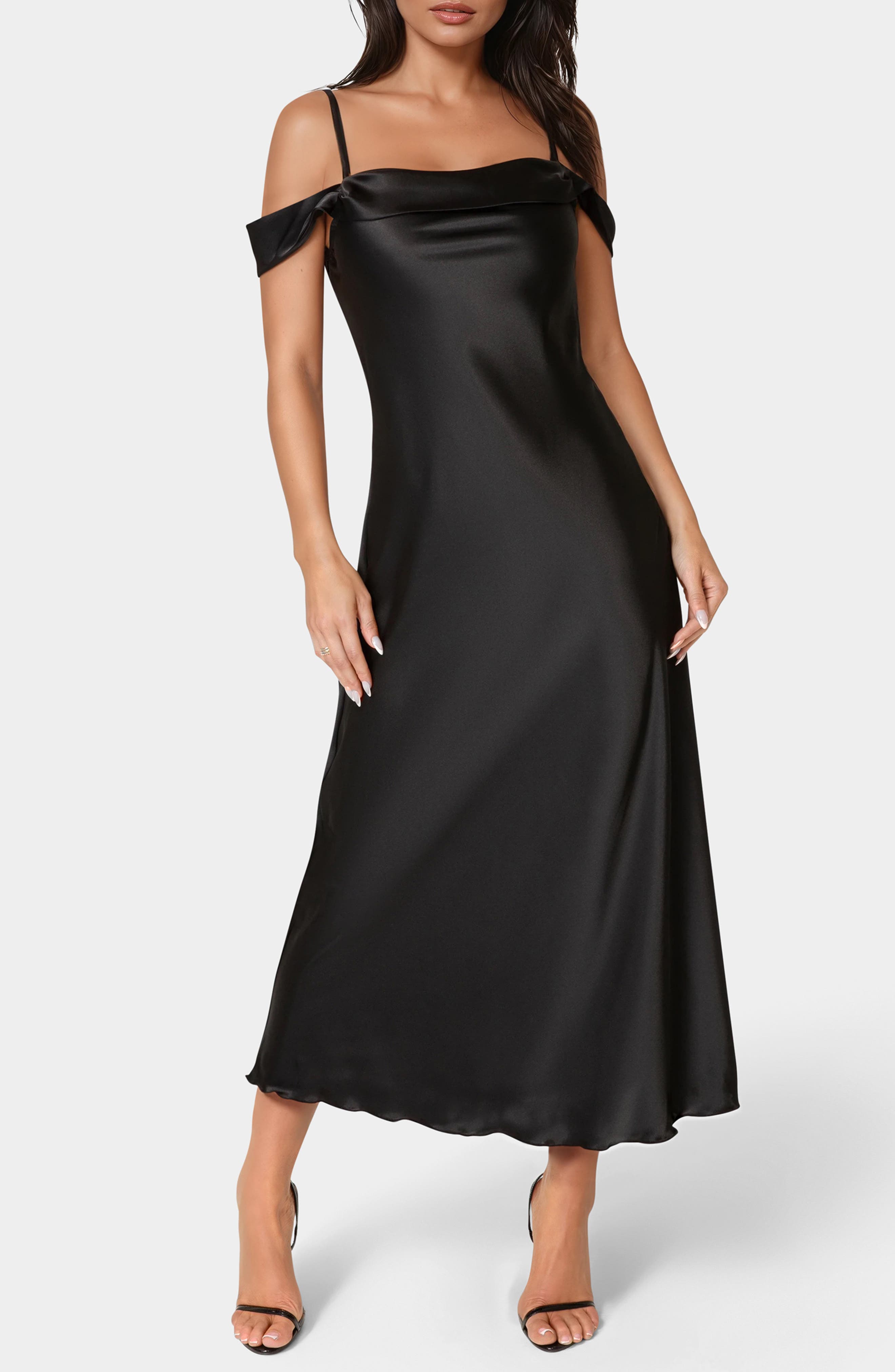 bebe Drape Shoulder Satin Midi Dress